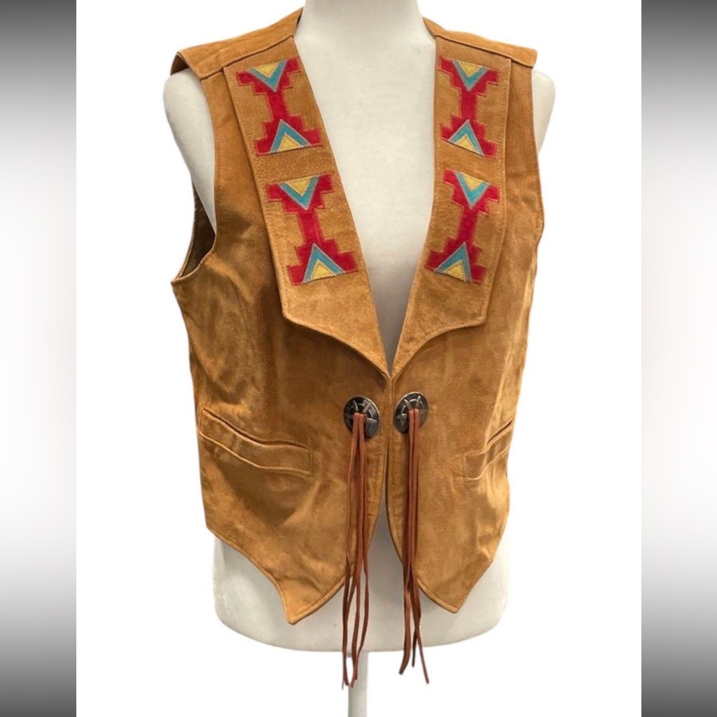 Vintage Echo Mountain By Arturo Leather Embroidered Vest W/Concho Ties Size 12